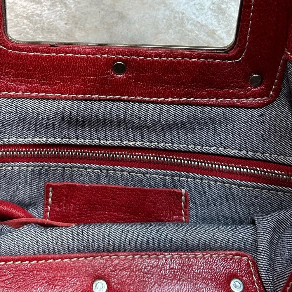 Christopher Kon Canadian Designer Red Leather Clutch with Heavy Metal Handle - Picture 11 of 13